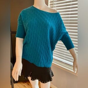 Garnet Hill Cashmere Spring Teal Sweater Career Knit Short Sleeve Woman SZ Med